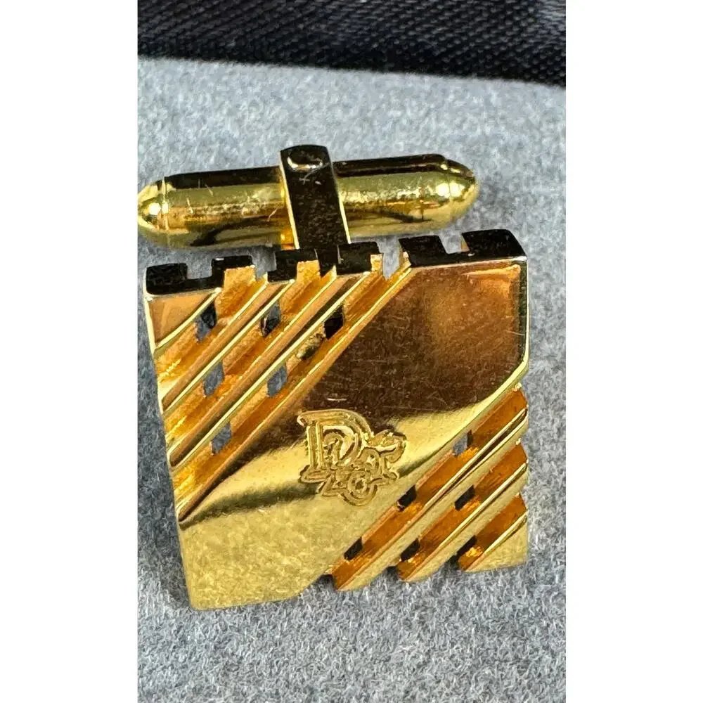 Vintage Christian Dior Gold Tone Logo Cufflinks w Box France
